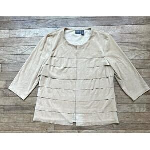 Chicos Travelers Faux Suede Jacket Womens Size M Beige Open 3/4 Sleeve Tiered‎